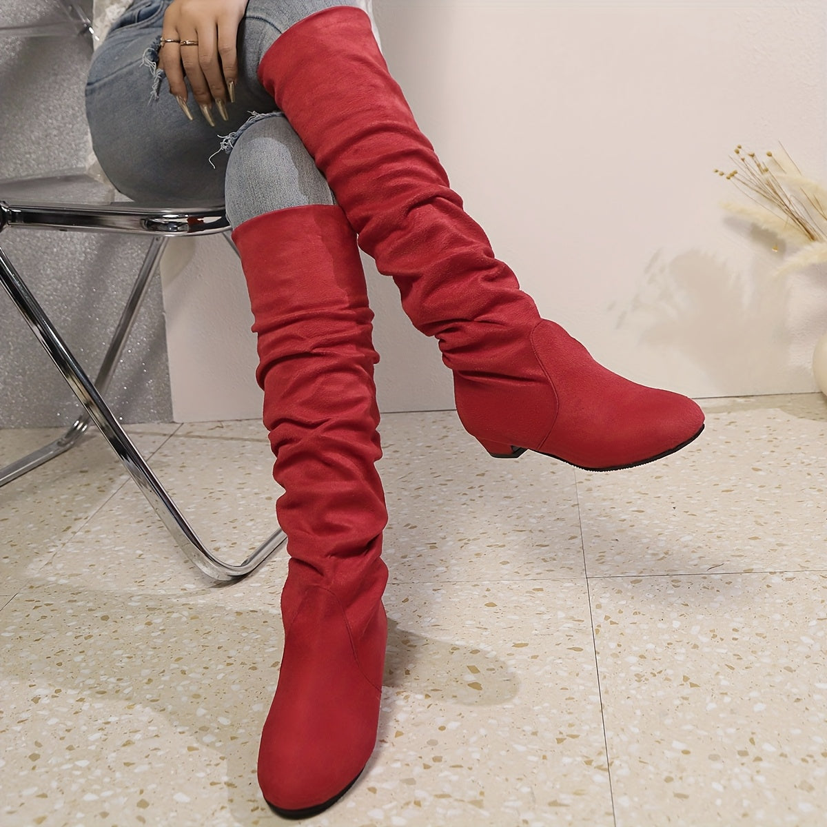 Overknee Stiefel Damen | Schlupfform mit Niedrigem Blockabsatz