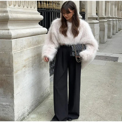 Cropped Kunstfell Pullover mit weiten Ärmeln für Damen