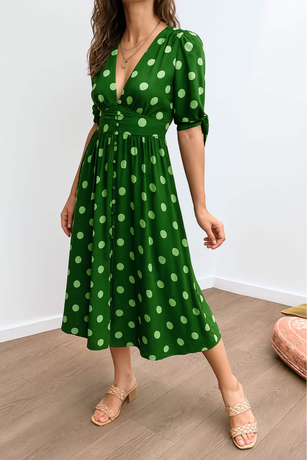 Aleksandra - Elegant Polka Dot Dress with V-neck