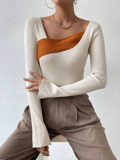 Dana | Zwei Tone Asymmetrisch Hals Rippentrikot