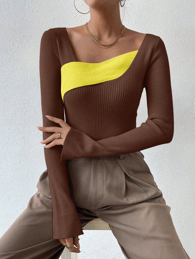 Dana | Zwei Tone Asymmetrisch Hals Rippentrikot