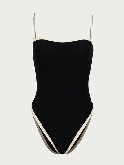 Eleganter Damen Badeanzug Schwarz – Einteiler mit hohem Beinausschnitt & stilvollen Kontrastdetails