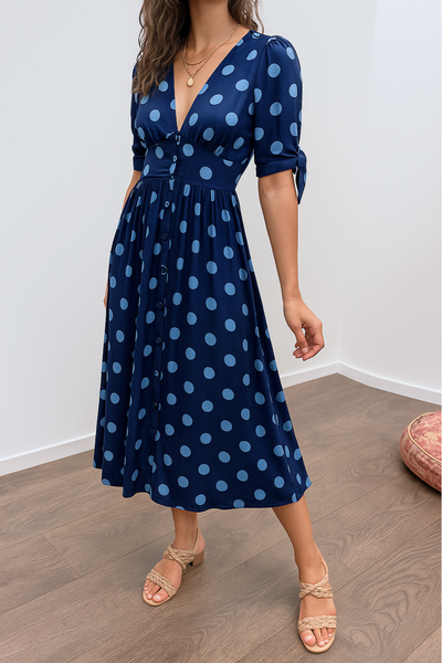Aleksandra - Elegant Polka Dot Dress with V-neck