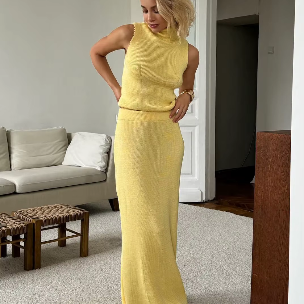 SOLÉANE – DAS ELEGANTE STRICK-ZWEITEILER-SET MIT MAXIROCK FÜR SONNIGE AUFTRITTE