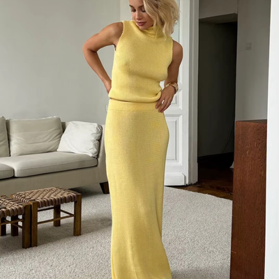 SOLÉANE – DAS ELEGANTE STRICK-ZWEITEILER-SET MIT MAXIROCK FÜR SONNIGE AUFTRITTE