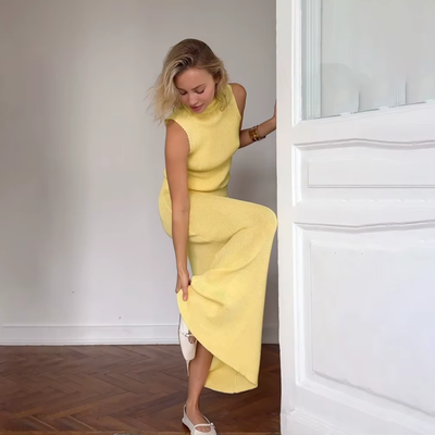 SOLÉANE – DAS ELEGANTE STRICK-ZWEITEILER-SET MIT MAXIROCK FÜR SONNIGE AUFTRITTE