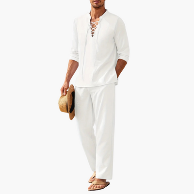 Boho Two-Piece Set for Men - Summer Lace-Up Shirt & Pants