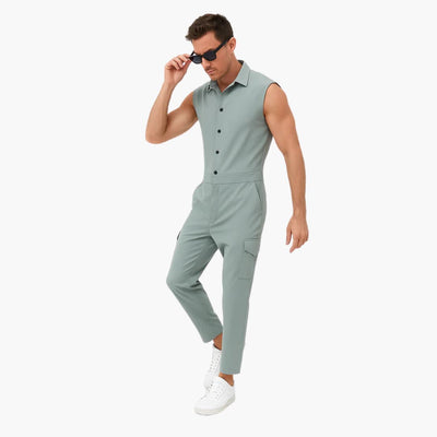 Ärmelloser Jumpsuit für Männer mit Cargotaschen und Knopfleiste