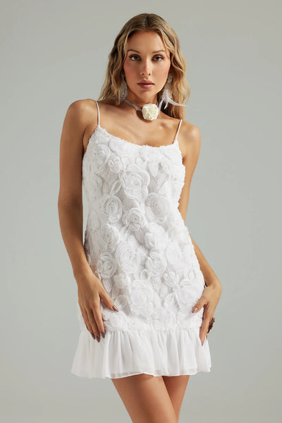 Kurzes Kleid mit 3D-Blumenmuster und Spaghettiträgern für Damen