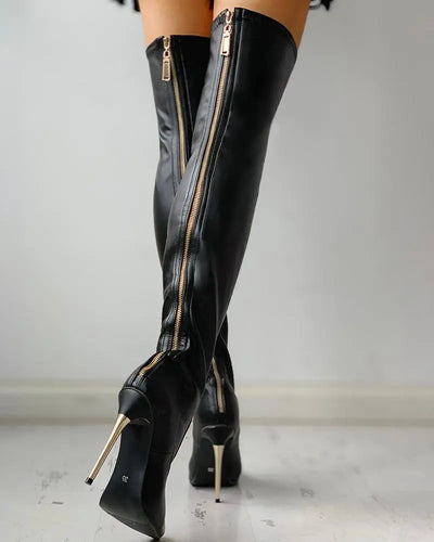 Damen-Overknee-Stiefel aus veganem Leder mit goldener Absatz und Reißverschluss