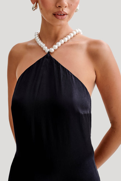 Celine | Blanche Satin Perlenhalter Maxikleid