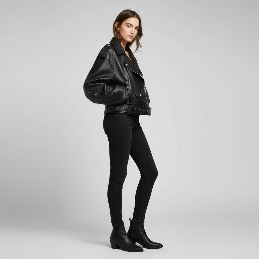 Zira | Damen Lederjacke Kurz Biker Stil Mit Gürtel