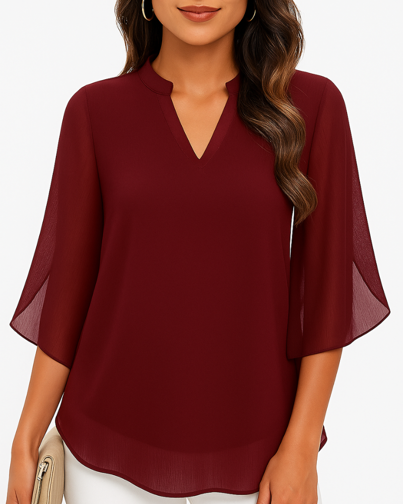 Damen Elegante V-Ausschnitt Bluse | 3/4 Ärmel