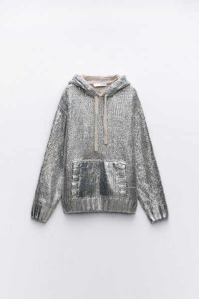 Verena | Kapuzenpullover in Silber mit Strickfolie