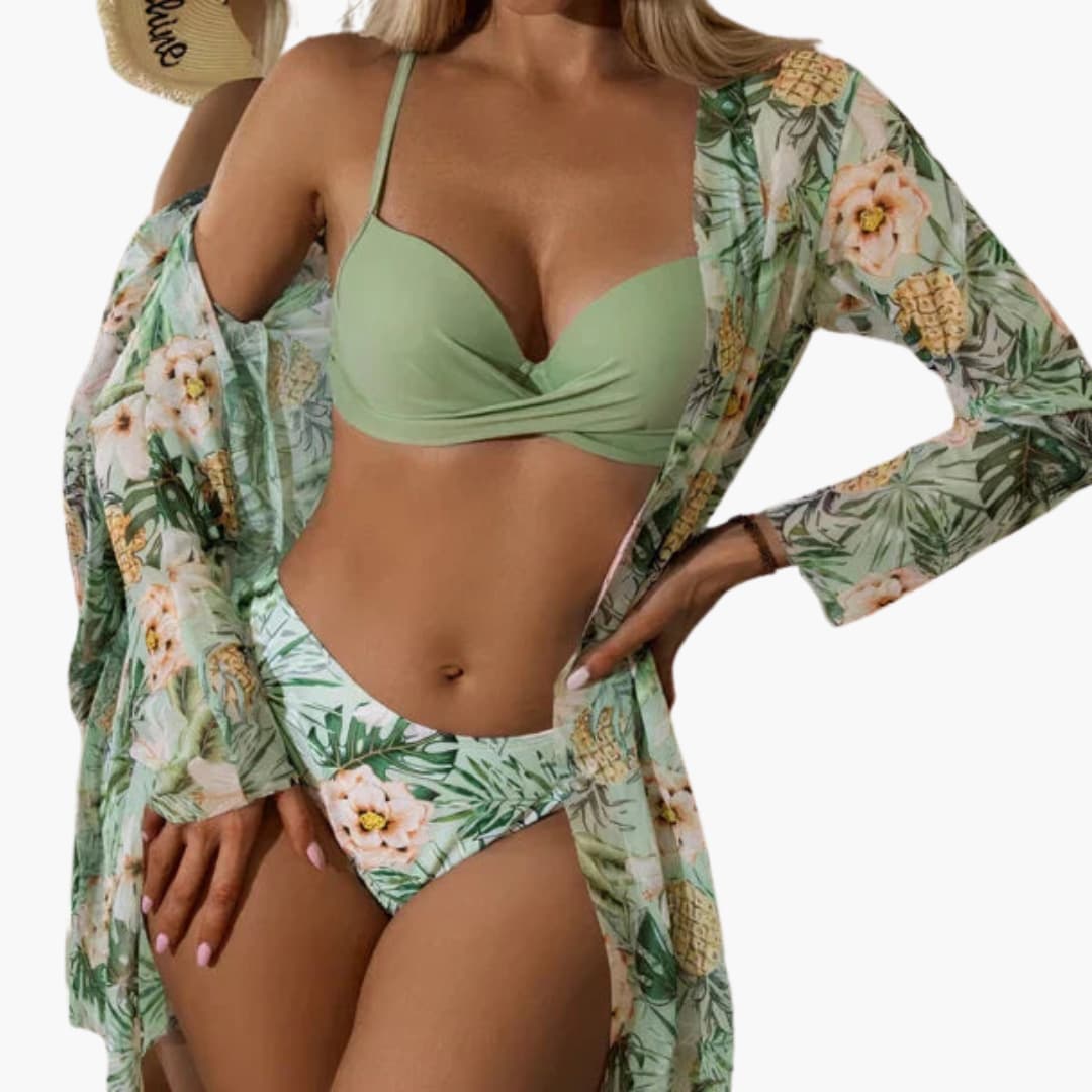 3-teiliges Damen-Bikini-Set - mit Kimono und High-Waist-Hose
