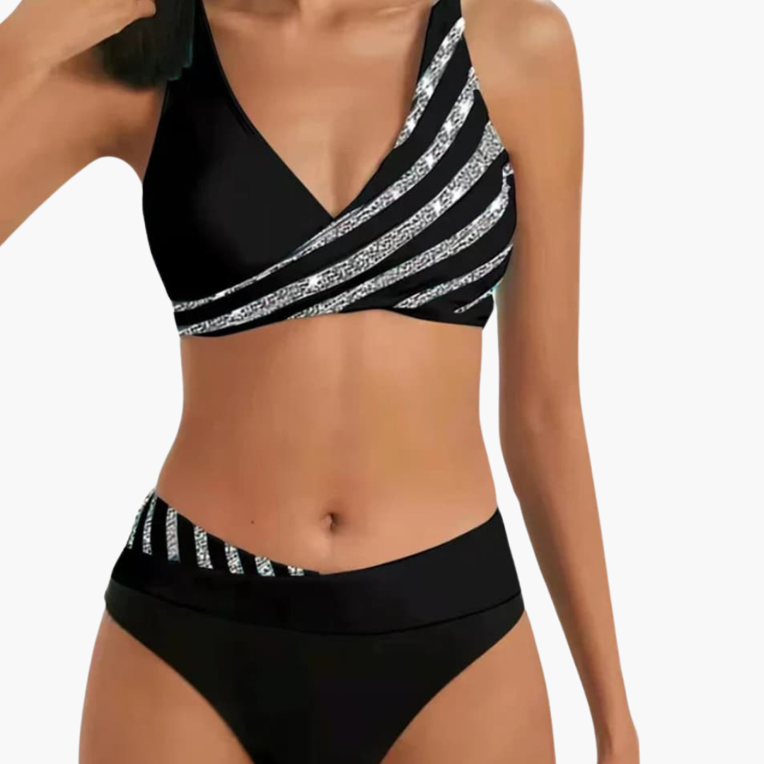 Glitzer Streifen Bikini - mit Damen High-Waist Schnitt