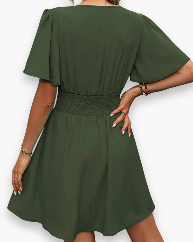 Damen Elegantes Gerafftes Kleid | V-Ausschnitt Midi