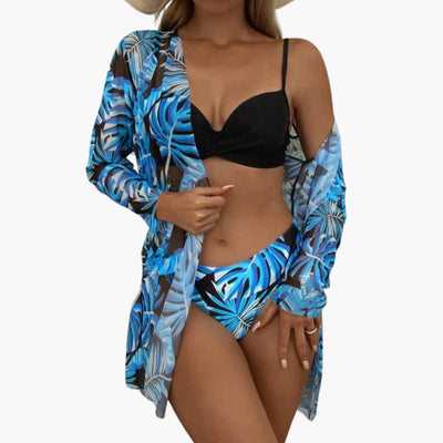 3-teiliges Damen-Bikini-Set - mit Kimono und High-Waist-Hose