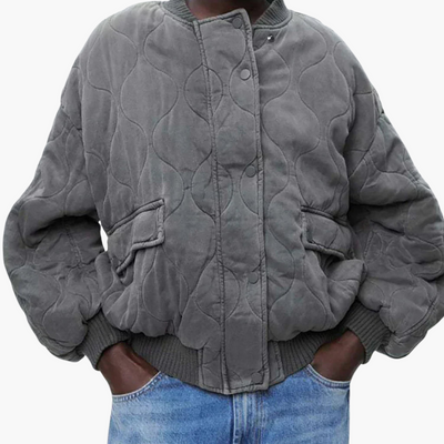 Damen Stepp Bomberjacke mit Druckknopfverschluss und gerippten Bündchen