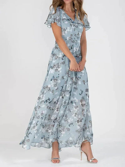 Romantisches Maxikleid mit Blumenprint – Rosa Chiffon, V-Ausschnitt & Schmetterlingsärmel