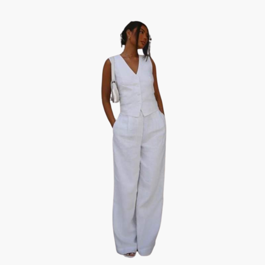 Zweiteiler mit V-Ausschnitt leinen - Damen Sommer Zweiteiler