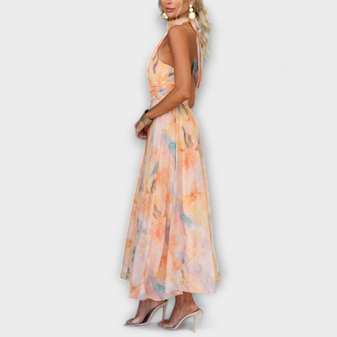 Halter Neck Aquarell Print Maxi Dress