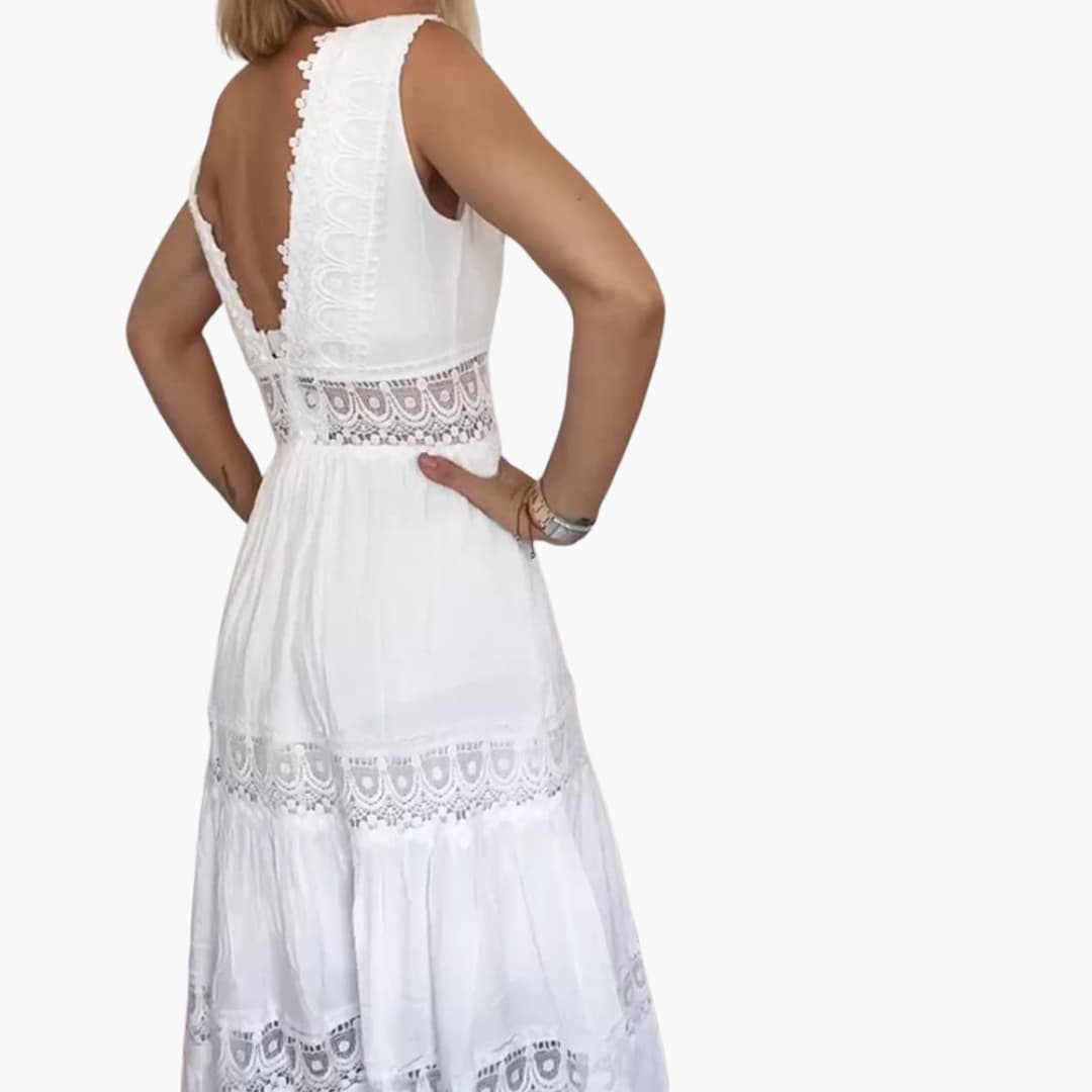 Damen Spitzenkleid ohne Ärmel mit V-Rücken und Stufenrock