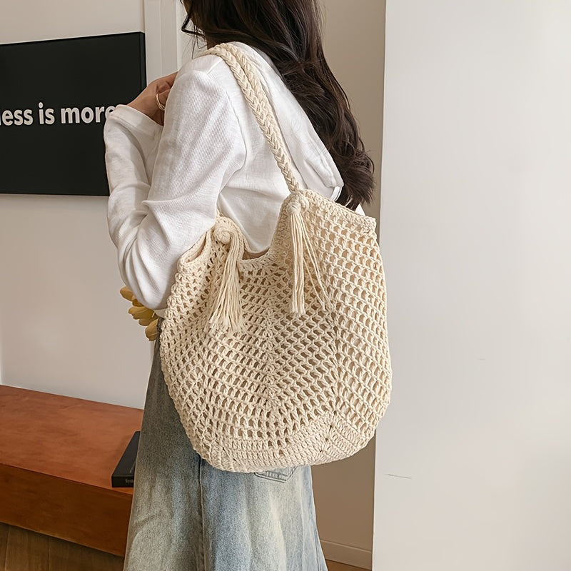Handgefertigte Häkel-Tasche – Große Boho-Strandtasche mit Quaste