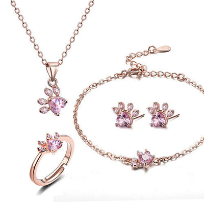 Elegantes TALINA 4-teiliges Roségold Schmuckset mit Pfote & Zirkonia-Herz - Perfektes Geschenk für Tierliebhaber