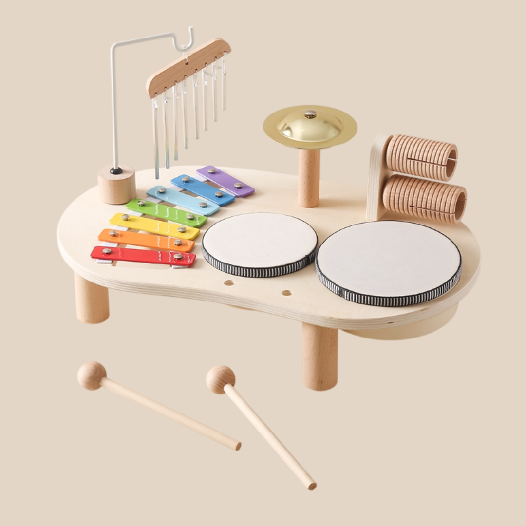 MelodyPlay Holzmusikspielzeug – All-in-One Pädagogisches Instrument für Kleinkinder mit Trommeln, Xylophon & Glocken