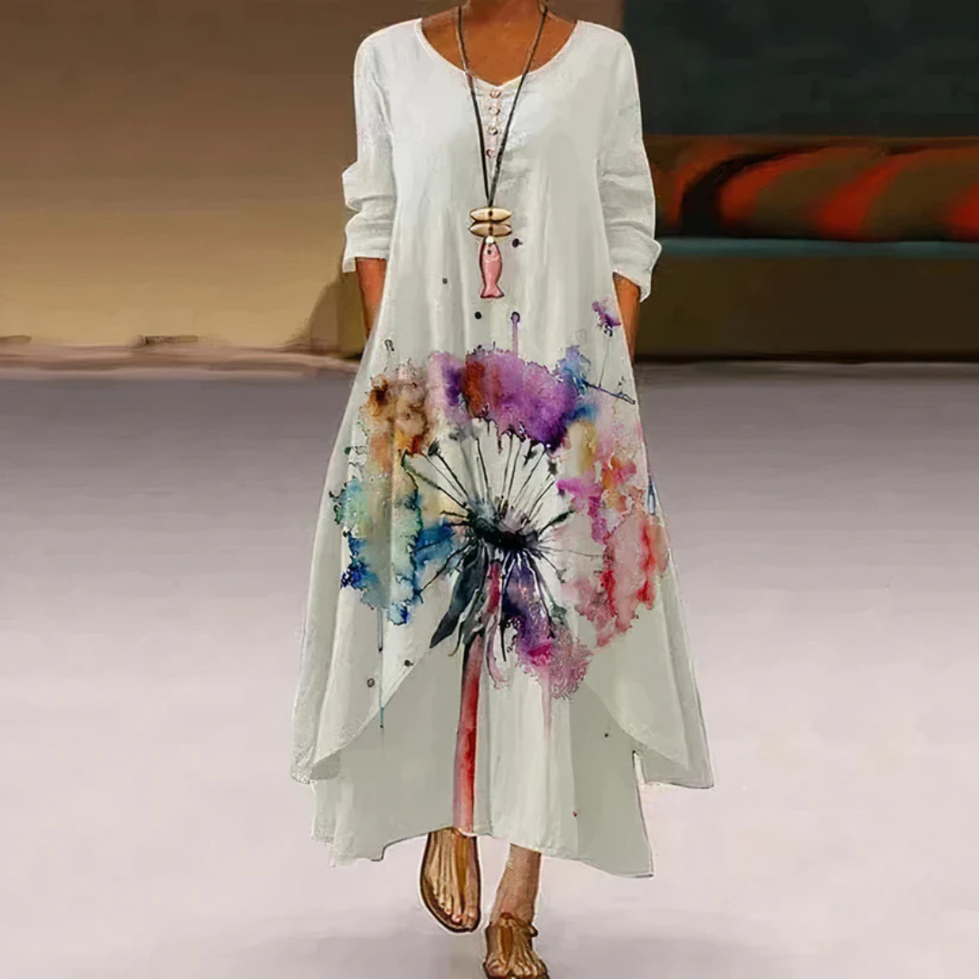 Damen Sommer Doppellagiges Langarm Bedrucktes Kleid | Maxi