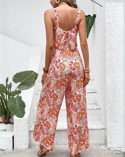 Damen Geblümter Ärmelloser Jumpsuit | Weites Bein