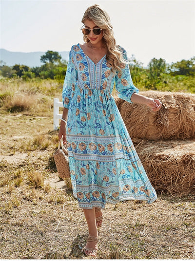 Boho Maxikleid – V-Ausschnitt, 3/4 Ärmel, Blumenmuster