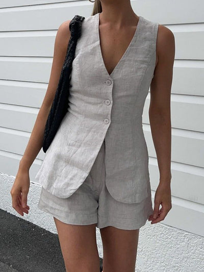 Damen Sommer Zweiteiler – Kordelzug-Top & Shorts mit Schlitz