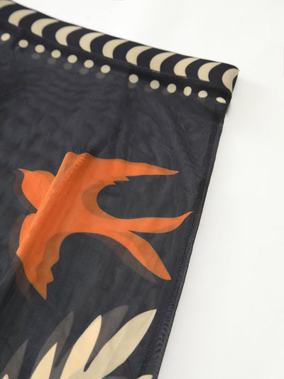 Luftiger Maxirock mit Vogelprint – Mesh Strand-Cover-Up