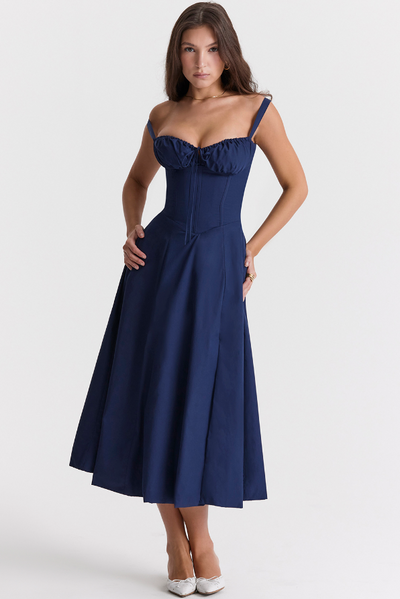 Sophia | Nachtblau Taillenformendes Midikleid