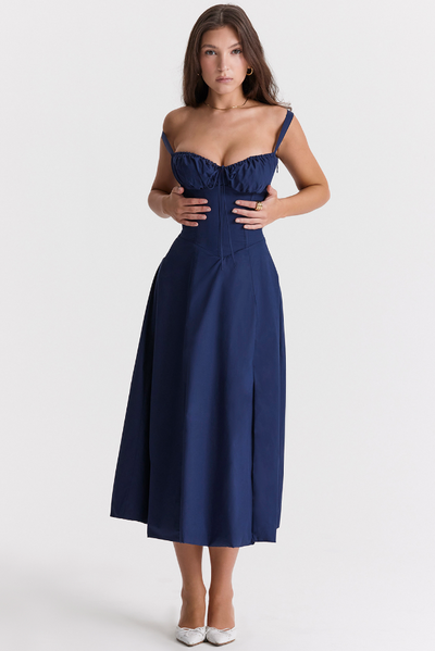 Sophia | Nachtblau Taillenformendes Midikleid