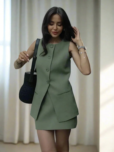 Elegantes Damen Zweiteiler-Set Vintage Kurzarm Knopfleiste