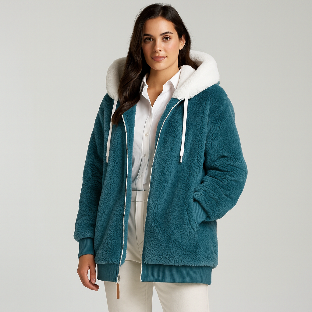 Leila | Lässiger Mantel mit Reißverschluss und Kapuze aus Kunstpelz