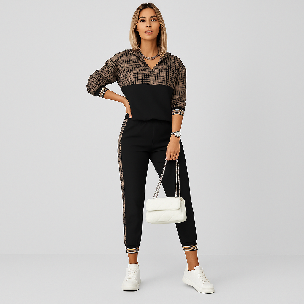 Schicker 2-teiliger Trainingsanzug für Damen – Kariertes Reißverschlussoberteil & schmal zulaufende Hose mit Seitenstreifen