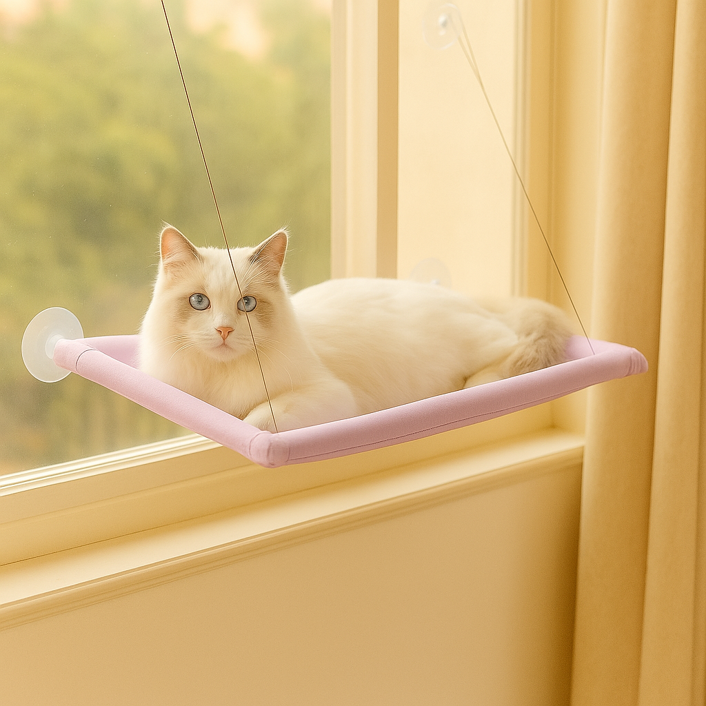 Gemütliche Katzenhängematte mit Fensterbefestigung
