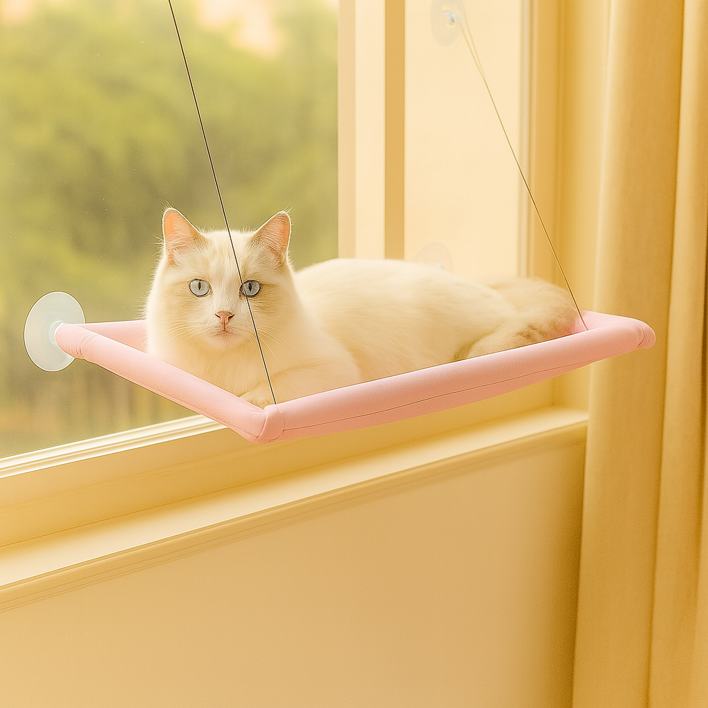 Gemütliche Katzenhängematte mit Fensterbefestigung