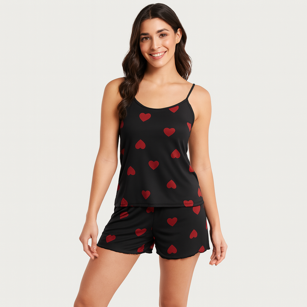 Damen-Pyjama-Set – Shorts & Top mit süßem schwarzen Herz-Print