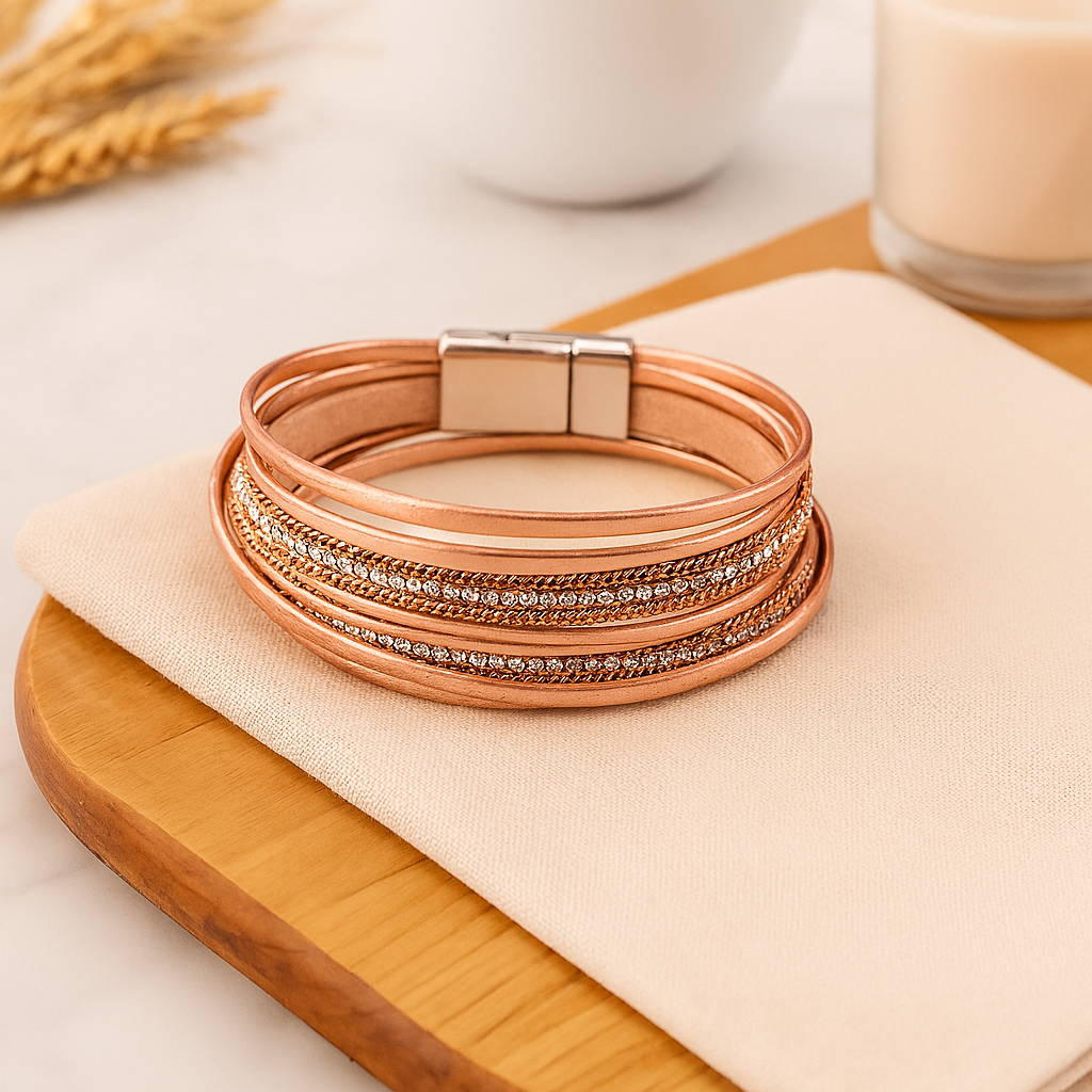 Mehrlagiges Lederarmband für Damen – Roségold mit Perlen und Kristall-Akzenten