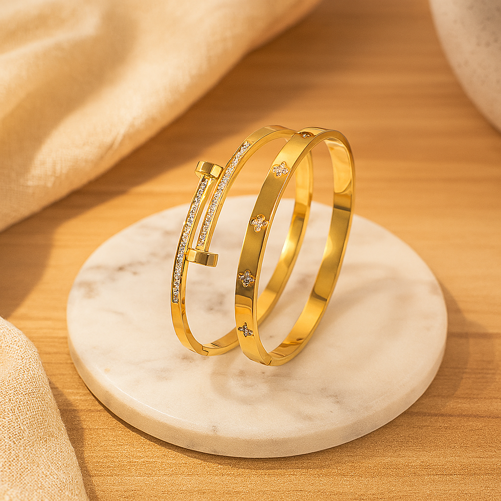 2-teiliges Edelstahl-Armreif-Set – Luxusschmuck mit funkelnden Akzenten