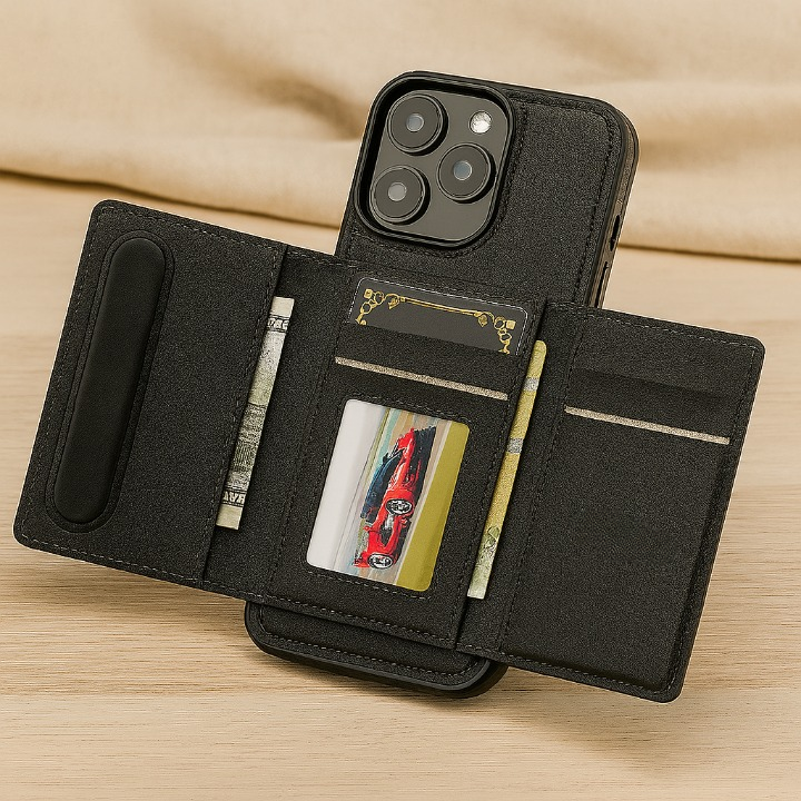 Abnehmbare magnetische Brieftasche für iPhone 11–16 Pro Max/Plus – PU-Leder, 5 Kartenfächer, kabelloses Laden