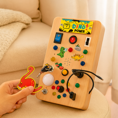 Dinosaurier-Aktivitätsspielzeug aus Holz – Lernschachspiel mit Lichtern, Musik und Sensoren