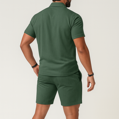 2-teiliges Herren-Poloshirt-Set – Kurzarmhemd mit Kragen und Shorts mit Kordelzug in Dunkelgrün