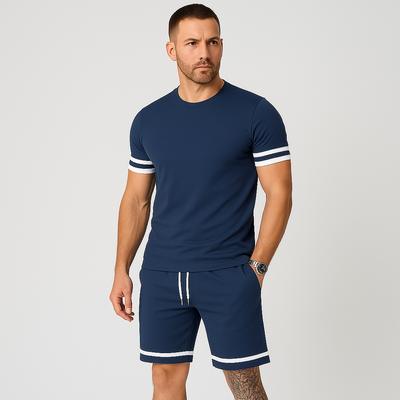 Neues lässiges 2-teiliges Herren-Set – Kurzarm-T-Shirt mit Rundhalsausschnitt und Shorts mit Kordelzug in Unifarbe