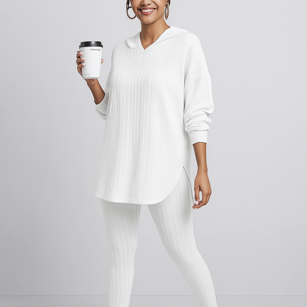 Damen Zweiteiler aus Rippstrick – Kapuzenpullover mit langen Ärmeln & Skinny Hose – Lässiges Freizeit-Outfit